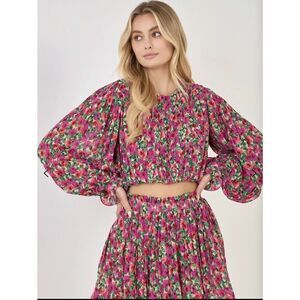 Endless Rose Floral Print‎ Bubble Crop Top Women’s XS Balloon Sleeve Pink